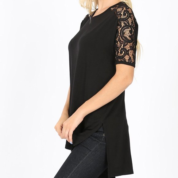 ✨Black Lace Sleeve High Low Top NWT - Picture 1 of 2